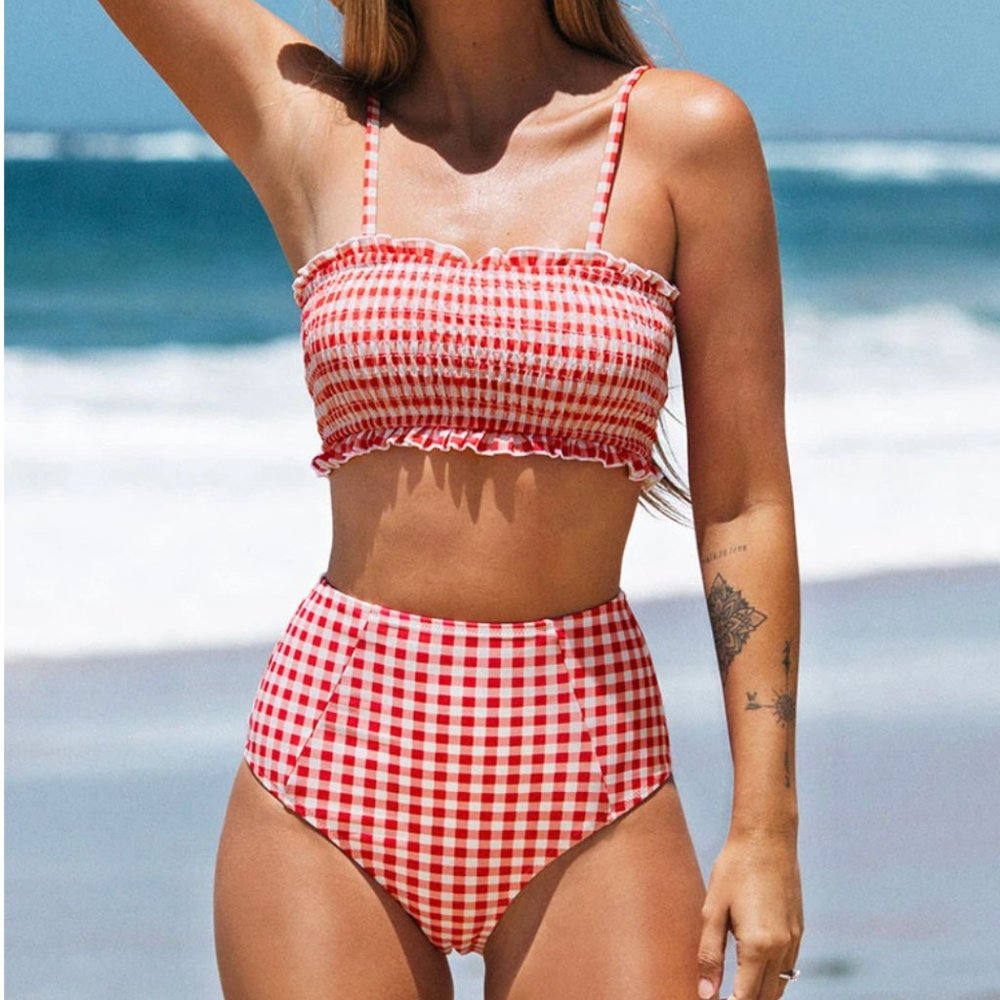 Cupshe -  Red Gingham Smocked Bikini